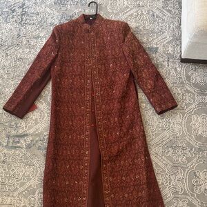 Elegant Maroon Embroidered Mens Kurta Jacket Party Wear